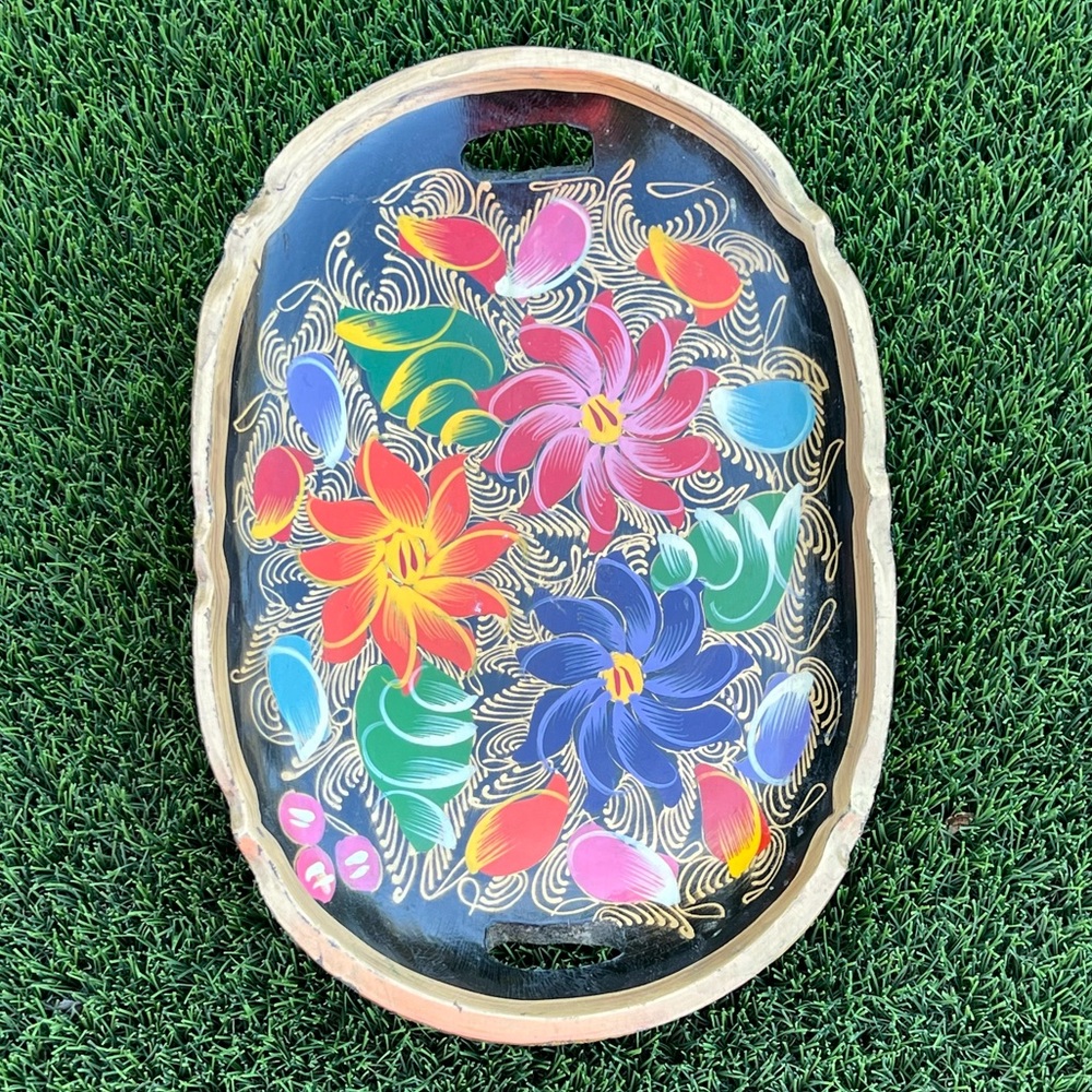 Vintage Hand-Painted Wood Lacquered Floral Tray – Mexico – 13.5” x 9.5”